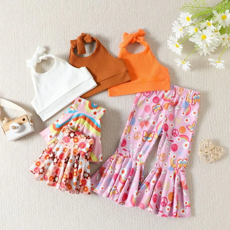 Kids Toddler Girls Casual Cute Cartoon Floral Print Halter Vest Flare Trousers Set
