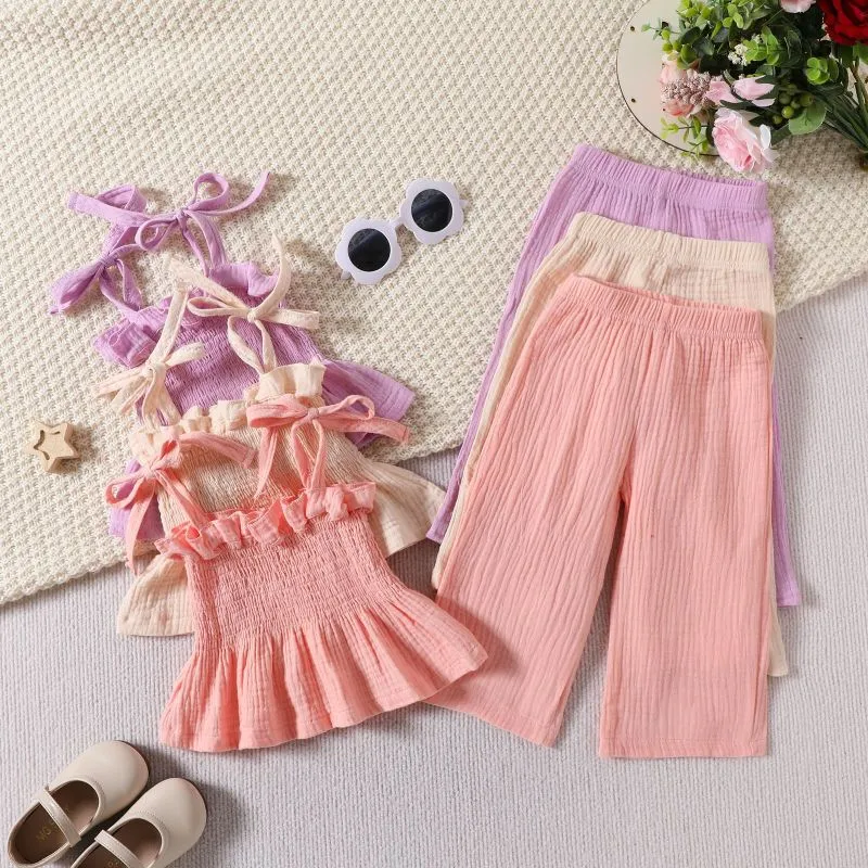 Kids Baby Girls Casual Cute Striped Solid Color Camisole Trousers Set