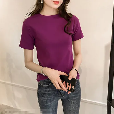 Women Casual Solid Color Round Neck Short Sleeve Milk Fiber T-Shirt
