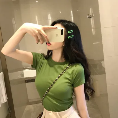 Women Casual Solid Color Round Neck Short Sleeve Milk Fiber T-Shirt