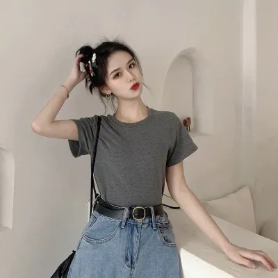 Women Casual Solid Color Round Neck Short Sleeve Milk Fiber T-Shirt