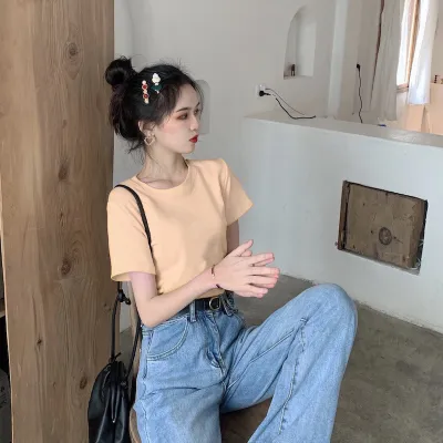 Women Casual Solid Color Round Neck Short Sleeve Milk Fiber T-Shirt
