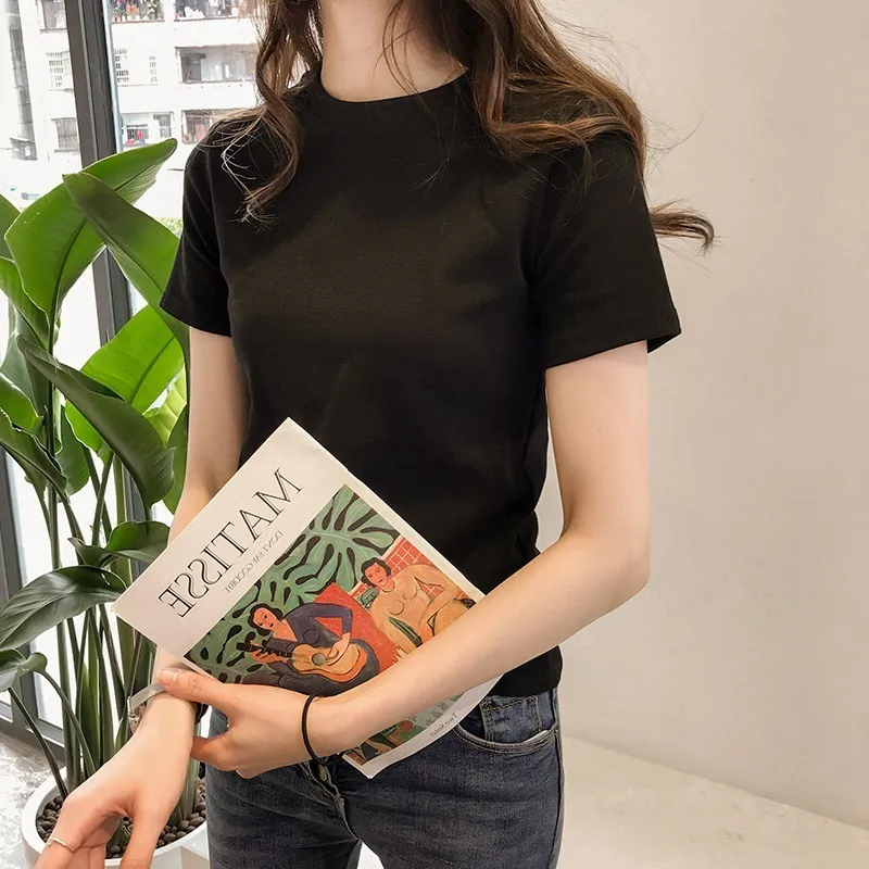 Women Casual Solid Color Round Neck Short Sleeve Milk Fiber T-Shirt