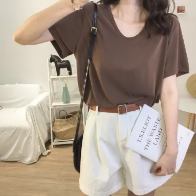 Women Loose Casual Solid Color V-Neck Short-Sleeve Polyester T-Shirt