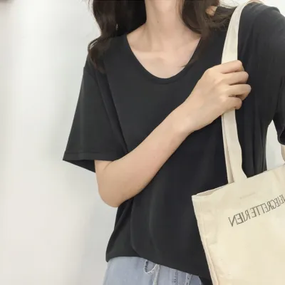 Women Loose Casual Solid Color V-Neck Short-Sleeve Polyester T-Shirt