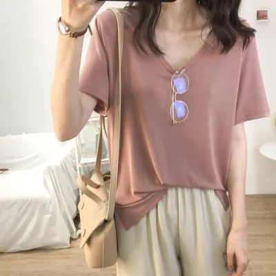 Women Loose Casual Solid Color V-Neck Short-Sleeve Blank T-Shirt