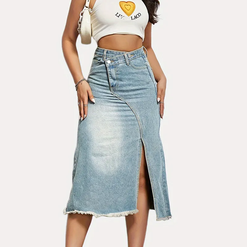 Women's High Waist Split Denim Skirt - Street Style A-Line Midi