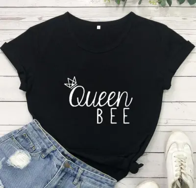 Women Queen Bee Letter Print Cotton Round Neck Short Sleeve T-Shirt