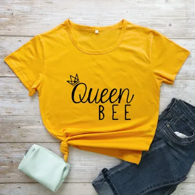 Women Queen Bee Letter Print Cotton Round Neck Short Sleeve T-Shirt