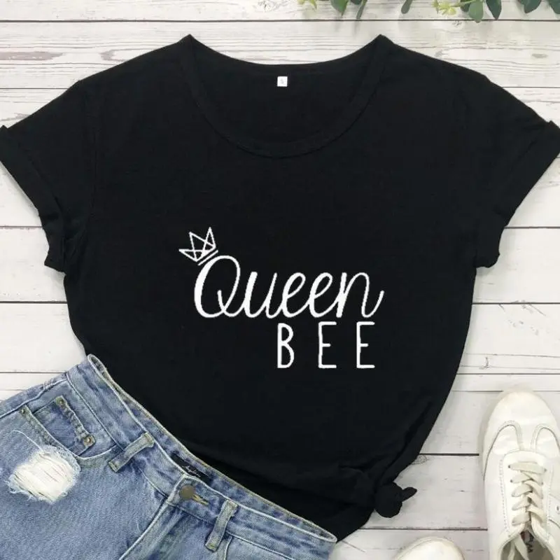 Women Queen Bee Letter Print Cotton Round Neck Short Sleeve T-Shirt