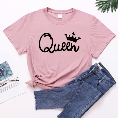Women Fashion Simple Queen Letter Crown Print Round Neck Short Sleeve T-Shirt