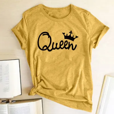 Women Fashion Simple Queen Letter Crown Print Round Neck Short Sleeve T-Shirt