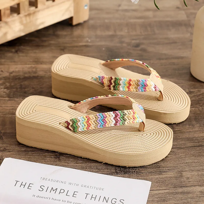 Women Casual Plus Size Bohemian Wedge Heel Multicolor PP Grass Imitation Woven Flip-Flop