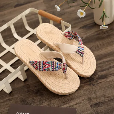 Women Casual Plus Size Ethnic Splicing Round Toe Flat Flip-Flop