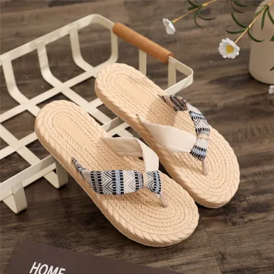 Women Casual Plus Size Ethnic Splicing Round Toe Flat Flip-Flop