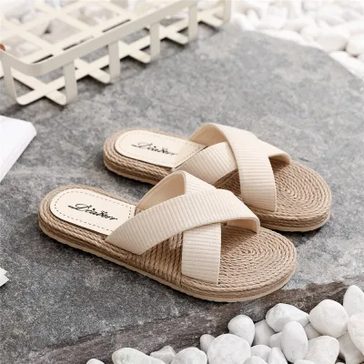 Women Casual Plus Size Cross Belt Round Toe Flat Slippers
