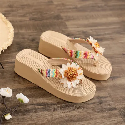 Women Ethnic Style Imitation Hemp Rope Floral Thick Sole Flip Flop Slippers