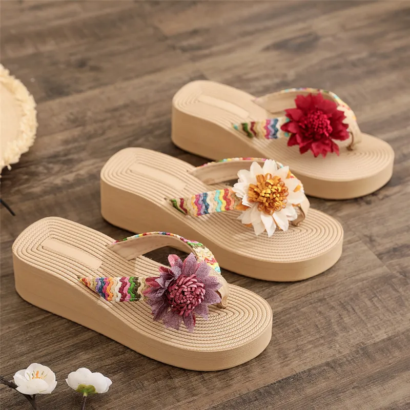Women Ethnic Style Imitation Hemp Rope Floral Thick Sole Flip Flop Slippers