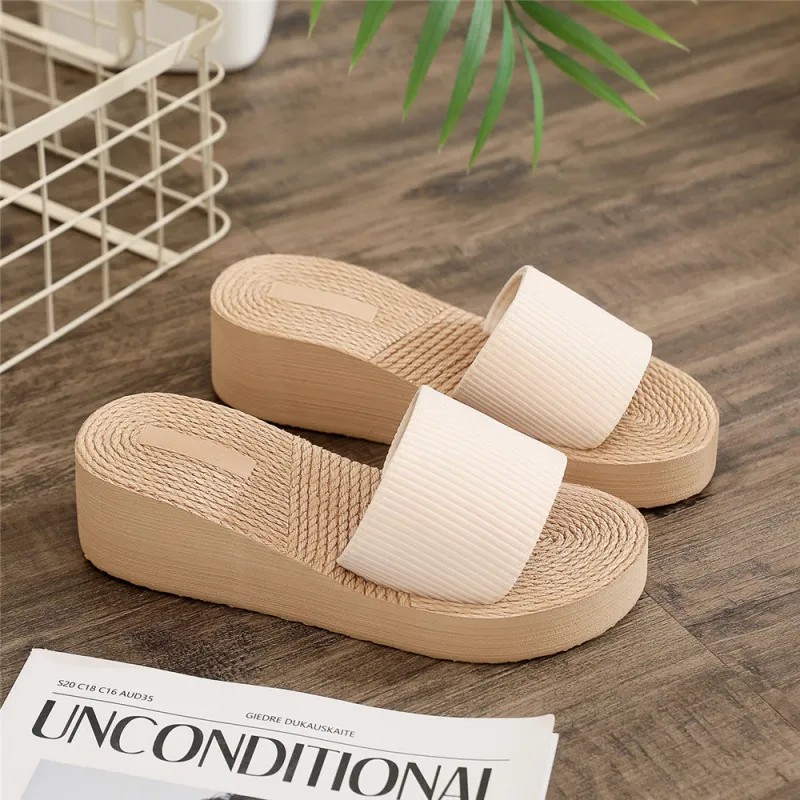 Women Casual Wedge Heel Slippers Imitation Hemp Rope