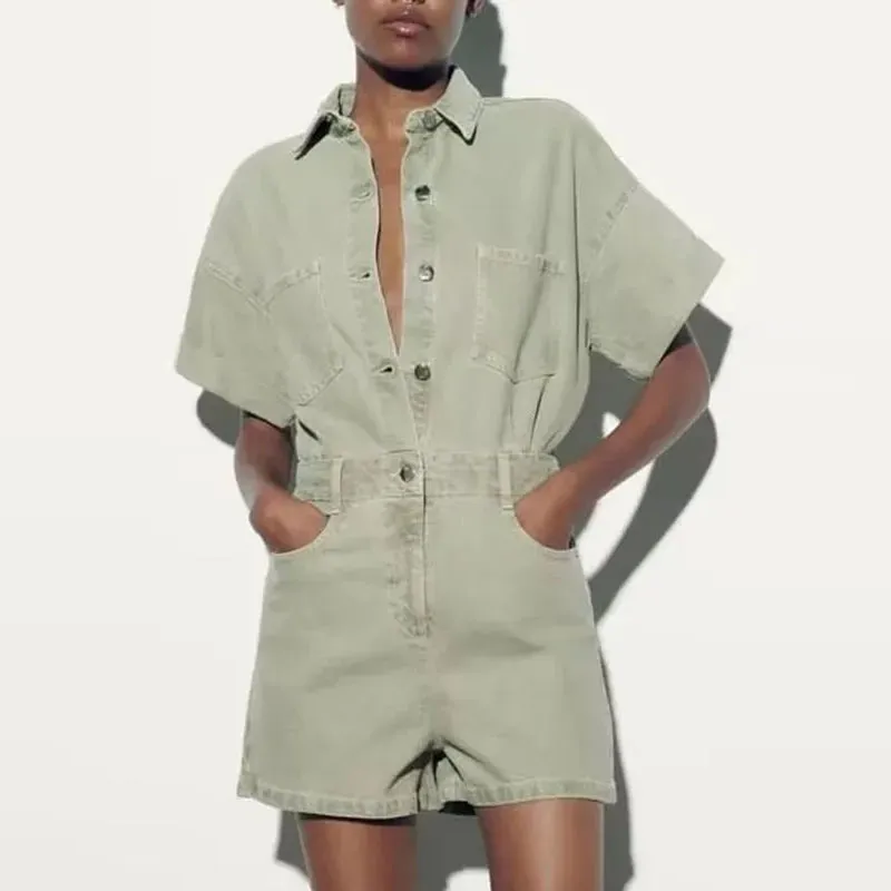 Women Vintage Denim Short Sleeve Rompers High Waist Jumpsuit