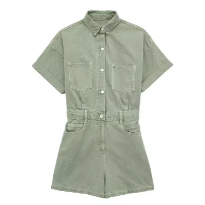 Women Vintage Denim Short Sleeve Rompers High Waist Jumpsuit