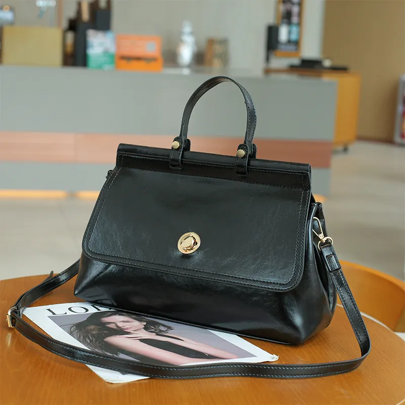 Women Simple Retro Solid Color Large Capacity PU Clap Handbag Crossbody Bag