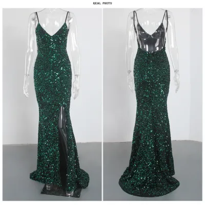 Women Sexy V-Neck Sequin Evening Dress Velvet Spandex