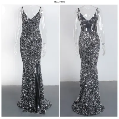 Women Sexy V-Neck Sequin Evening Dress Velvet Spandex