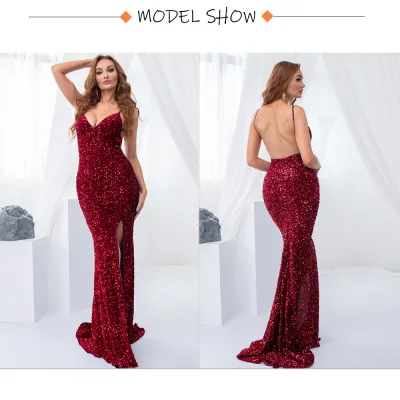 Women Sexy V-Neck Sequin Evening Dress Velvet Spandex