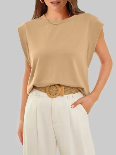 Women Casual Basic Cap Sleeve Summer T-Shirt Stripe Check Pattern Polyester Loose Fit