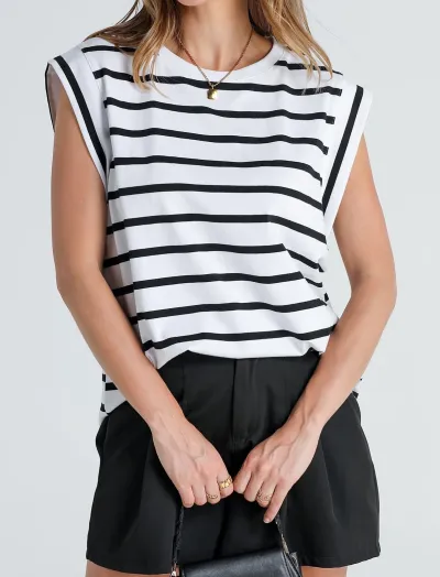 Women Casual Basic Cap Sleeve Summer T-Shirt Stripe Check Pattern Polyester Loose Fit