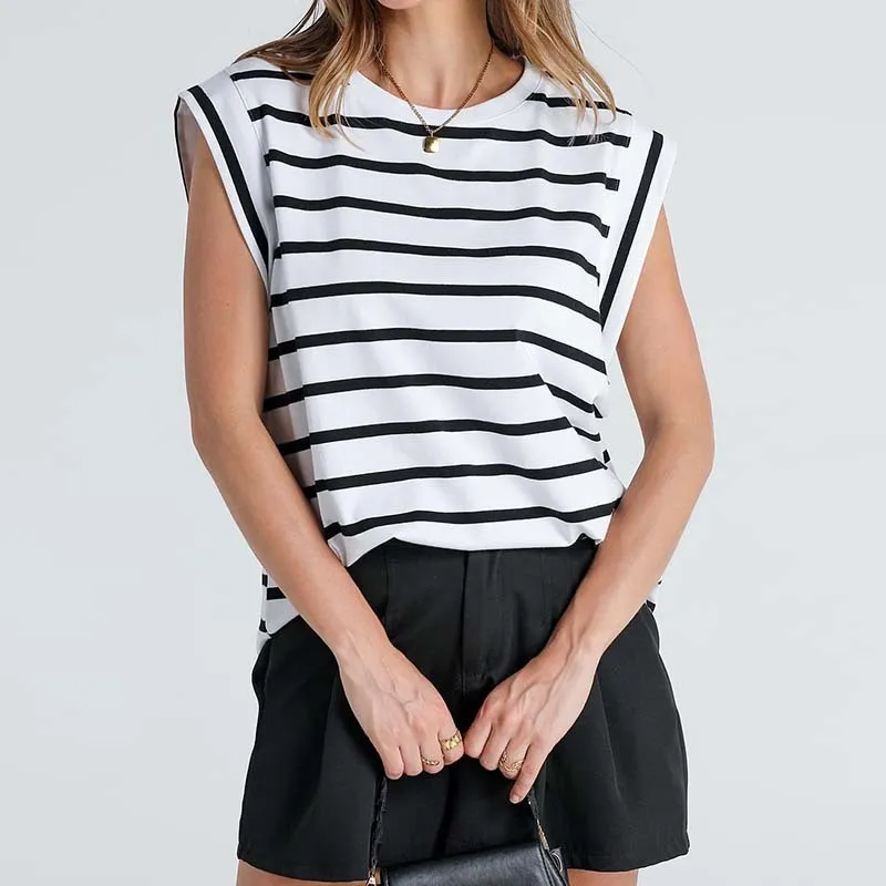 Women Casual Basic Cap Sleeve Summer T-Shirt Stripe Check Pattern Polyester Loose Fit