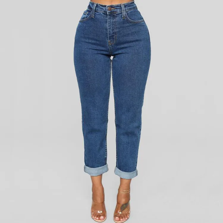 Women Fashion Loose High Waist Straight Leg Cropped Jeans