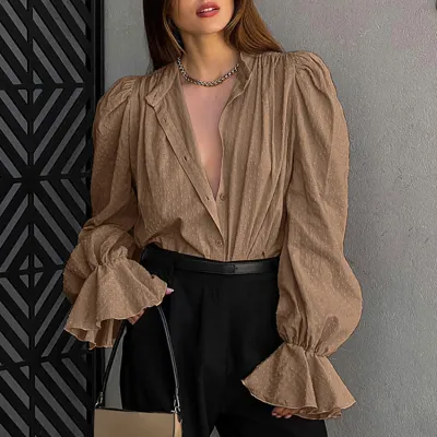 Women Jacquard Puff Sleeve Office Chic Blouse
