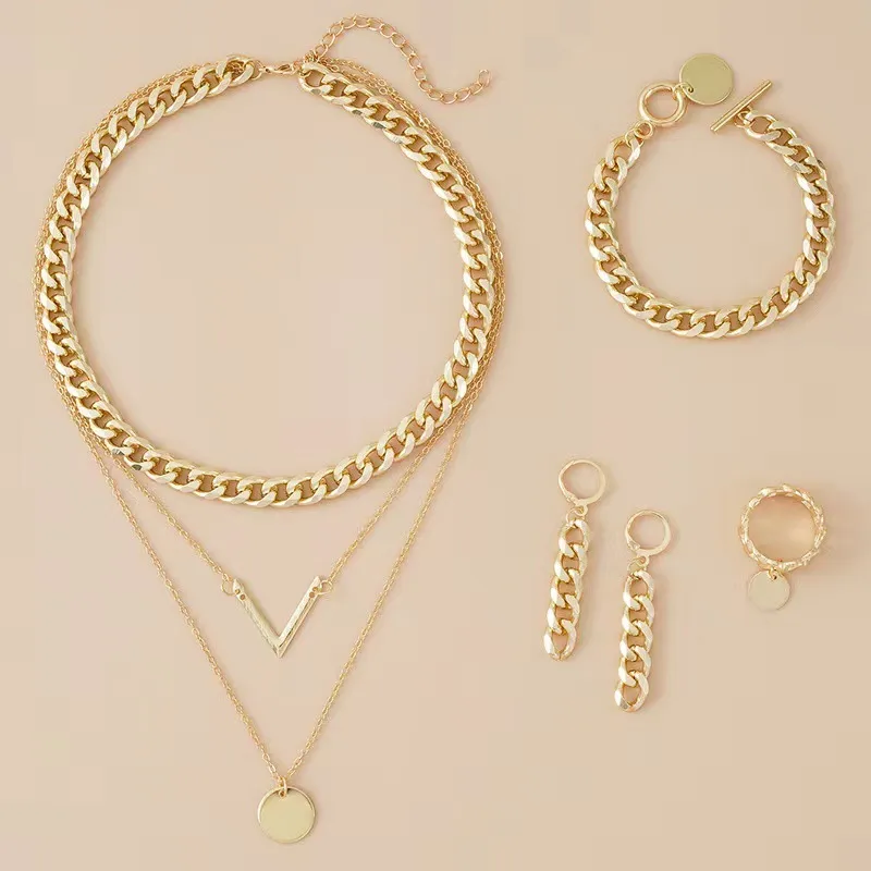 Women Fashion V-Shaped Multi-Layer Round Pendant Necklace Bracelet Earrings Jewelry Set
