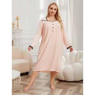 Women Large Size Lace Long Sleeve Pajamas Dress