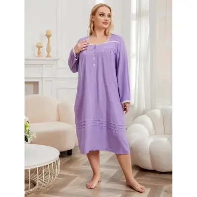 Women Large Size Lace Long Sleeve Pajamas Dress