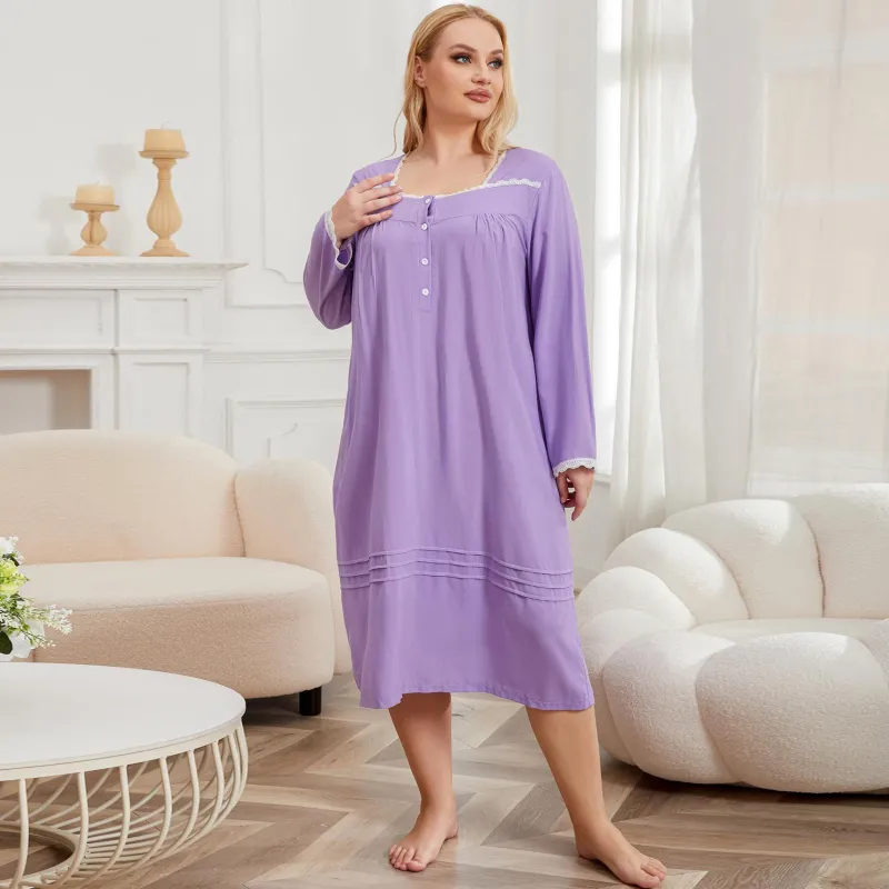 Women Large Size Lace Long Sleeve Pajamas Dress
