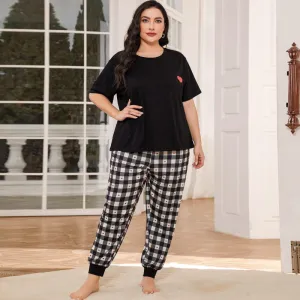 Women Plus Size Casual Plaid-Print Short-Sleeved Pajamas Set