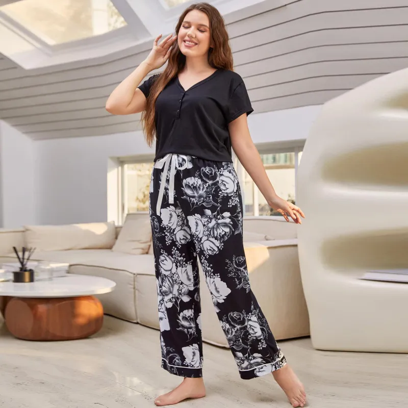 Women Casual Plus Size Viscose Short Sleeve V-Neck Top And Long Pants Pajamas Set