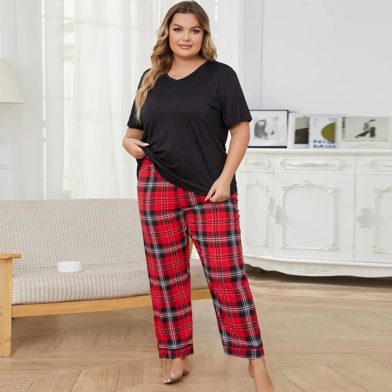 Women Plus Size Plaid Pajamas Set Casual Pullover V-Neck