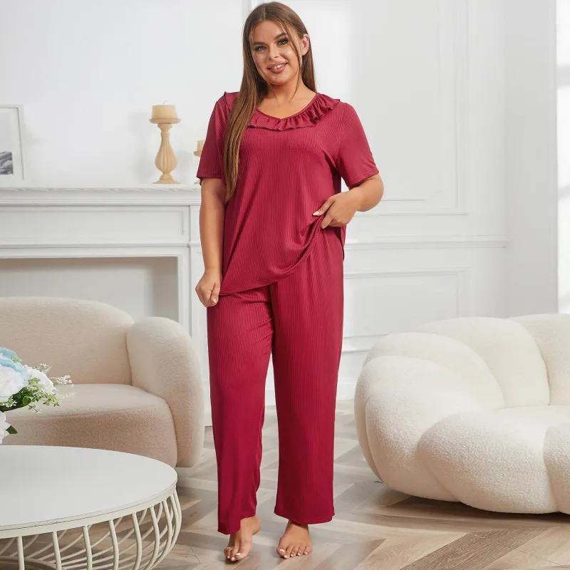 Women Casual Large Size Solid Color Doll Collar Short Sleeve Pajamas Set