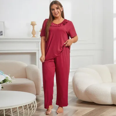 Women Casual Large Size Solid Color Doll Collar Short Sleeve Pajamas Set