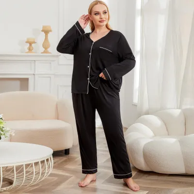 Women Plus Size Casual Solid Color Long Sleeve V-Neck Pajamas Set