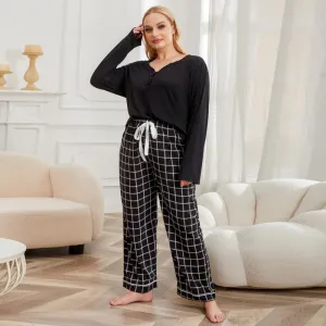 Women Plus Size Casual Long Sleeve V-Neck Top and Plaid Pants Pajamas Set