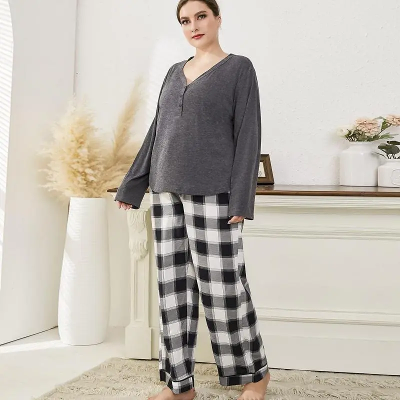 Women Plus Size Long Sleeve V-Neck Top And Plaid Print Pants Pajamas Set