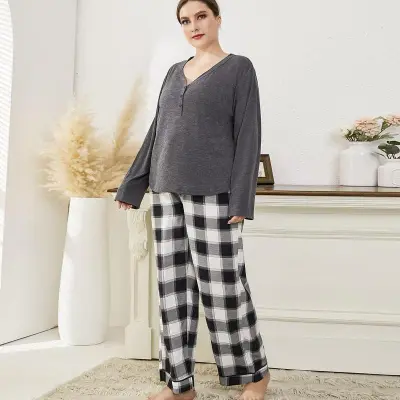 Women Plus Size Long Sleeve V-Neck Top And Plaid Print Pants Pajamas Set