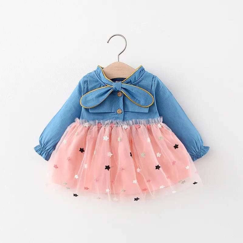 Kids Baby Girls Casual Candy Star Mesh Print Denim Patchwork Long Sleeve Round Neck Dress