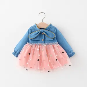 Kids Baby Girls Casual Candy Star Mesh Print Denim Patchwork Long Sleeve Round Neck Dress