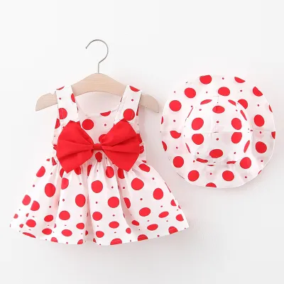Kids Baby Girls Casual Strawberry Polka Dot Print Bow Cami Dress Cotton A-Line